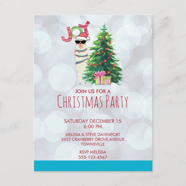 Llama on Silver Bokeh & Icy Blue Christmas Party Postcard (Front)
