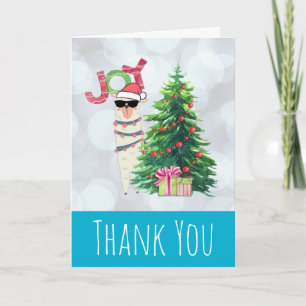Llama on Silver Bokeh & Icy Blue Christmas Thanks Card