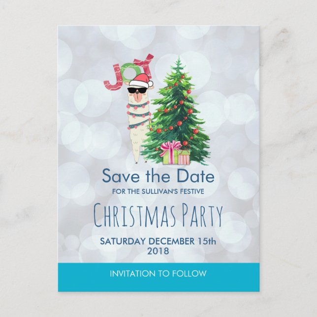 Llama on Silver Bokeh & Icy Blue Save the Date Postcard (Front)