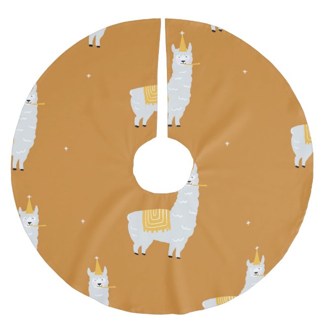 Llama, orange background: birthday pattern. brushed polyester tree skirt (Front)