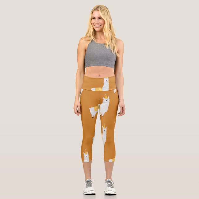 Llama, orange background: birthday pattern. capri leggings (Front)