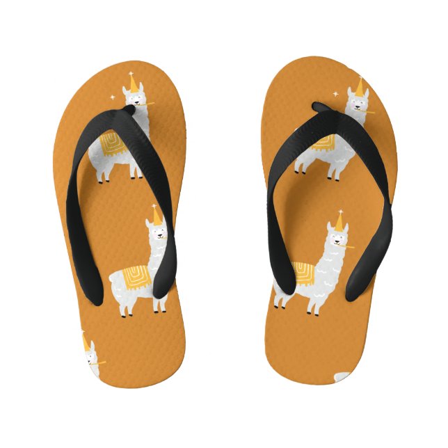Llama, orange background: birthday pattern. kid's flip flops (Footbed)