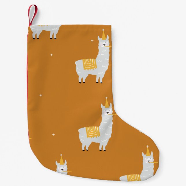Llama, orange background: birthday pattern. small christmas stocking (Front)