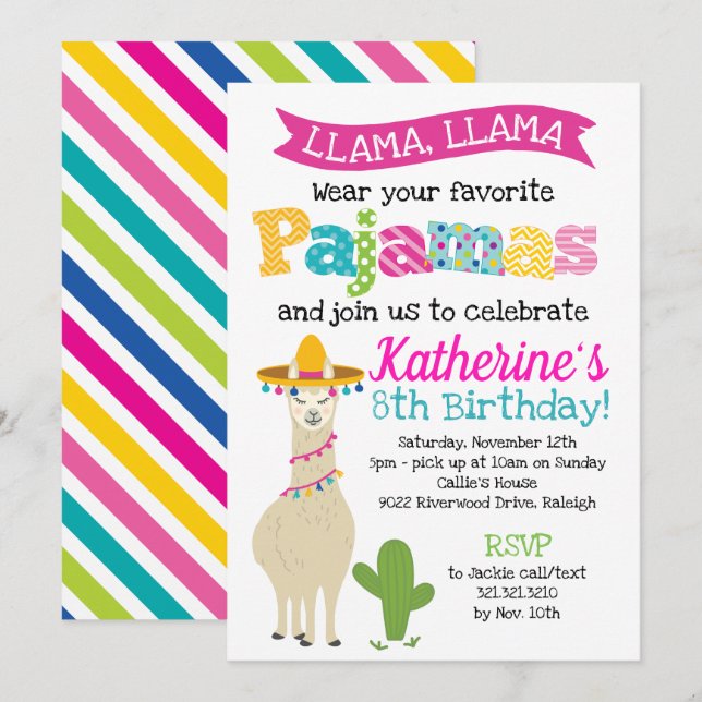 Llama Pajama Birthday Party Invitation (Front/Back)