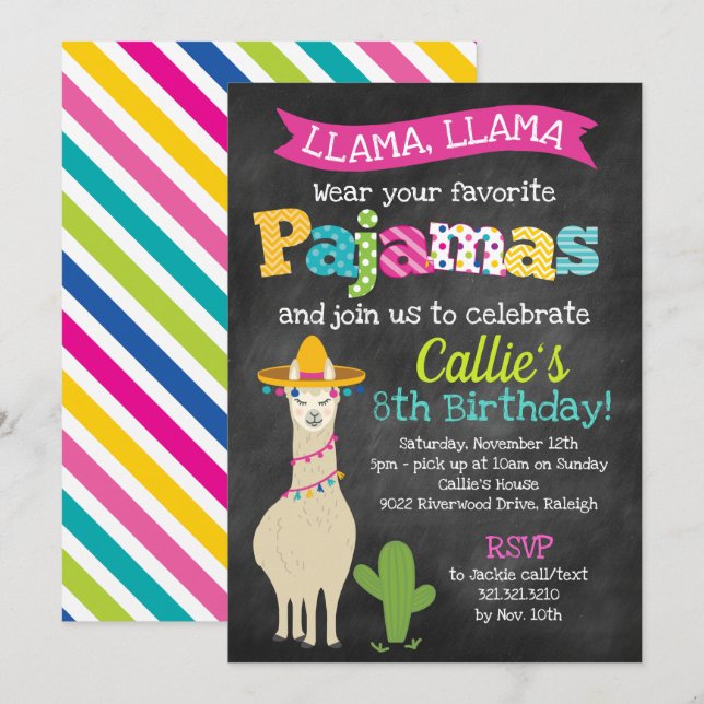 Llama Pajama Birthday Party Invitation (Front/Back)