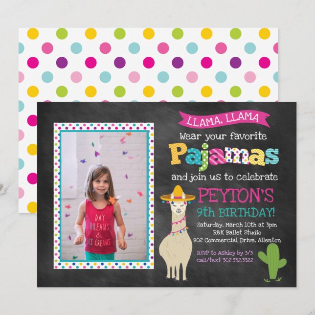 Llama Pajama Birthday Party - Photo Invitation (Front/Back)