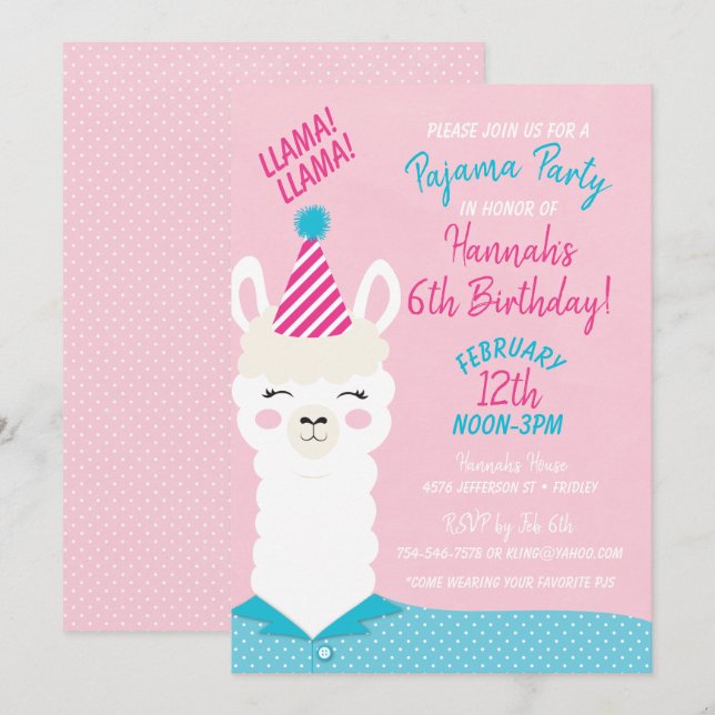 Llama Pajama Party Birthday Invitation (Front/Back)