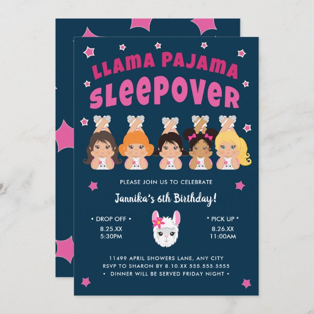 Llama Pajama Sleepover Hot pink Navy Invitation (Front/Back)