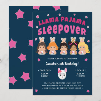 Llama Pajama Sleepover Hot pink Navy Invitation