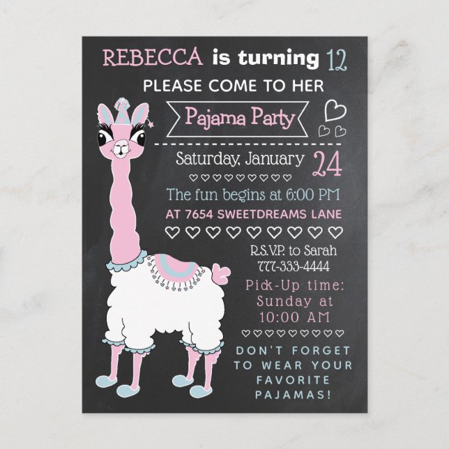 Llama Pajama Sleepover Party Chalkboard Carte post (Devant)