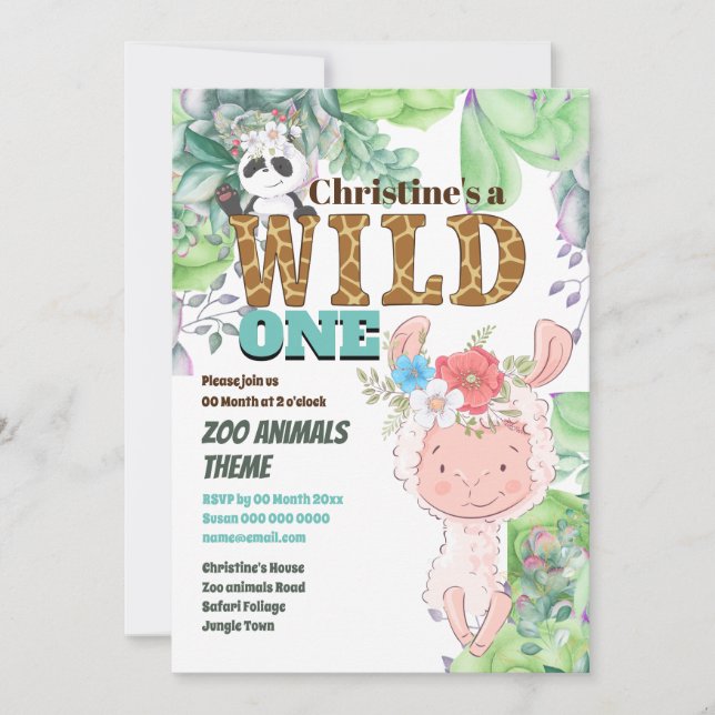 Llama panda bear cute jungle farm wild one invitation (Front)