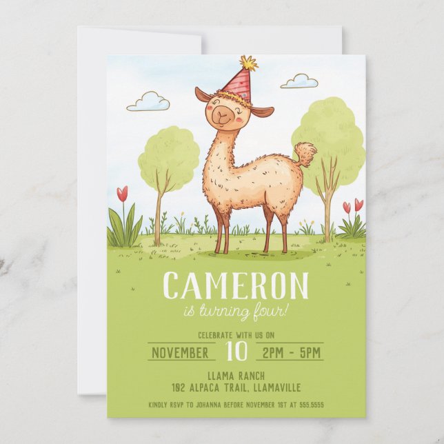 Llama party hat outdoor kid's birthday invitation (Front)
