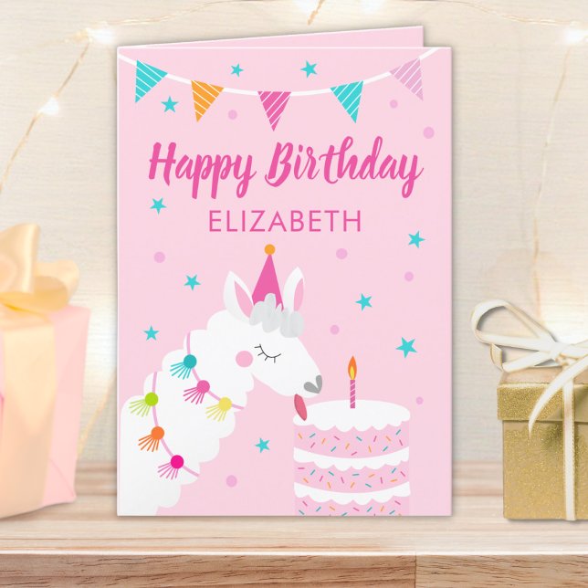 Llama Personalized Name Pink Happy Birthday Card (Creator Uploaded)