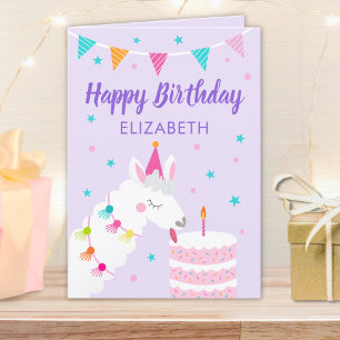 Llama Personalized Name Purple Happy Birthday Card