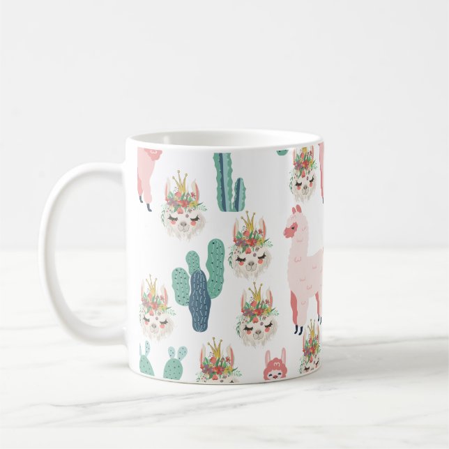 Llama Pink and Green Cactus, Alpaca, Cute, Girly Coffee Mug (Left)