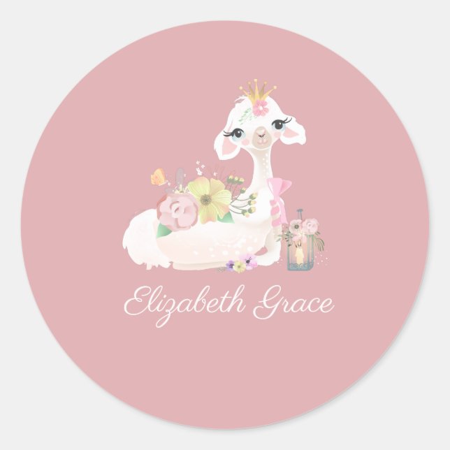 Llama Pink and White with Flowers Girly Classic Round Sticker (Front)