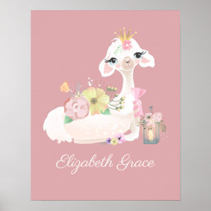 Llama Pink and White with Flowers Girly Poster