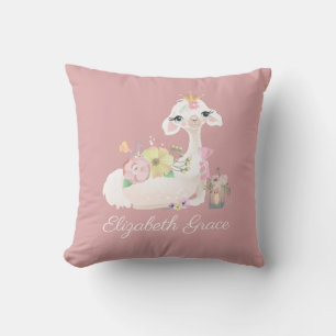 Llama Pink and White with Flowers Girly Throw Pillow
