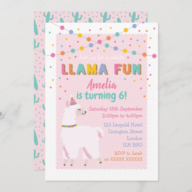 Llama Pink Birthday Party Invitation (Front/Back)