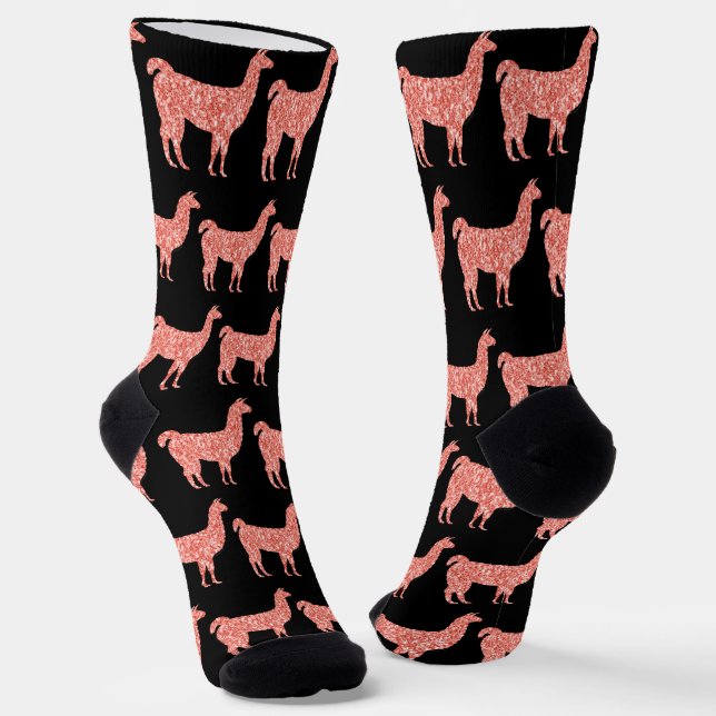 Llama pink coral glitter Sparkles pattern black Socks (Angled)