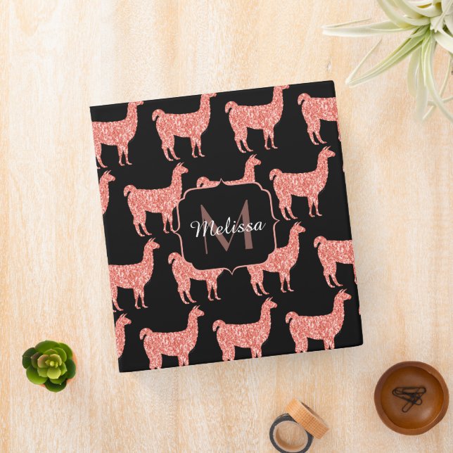 Llama pink coral glitter Sparkles pattern Monogram Binder (In Situ)