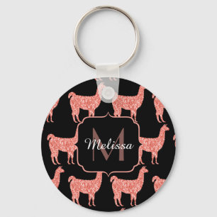 Llama pink coral glitter Sparkles pattern Monogram Keychain