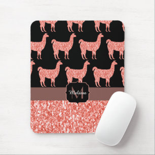 Llama pink coral glitter Sparkles pattern Monogram Mouse Pad
