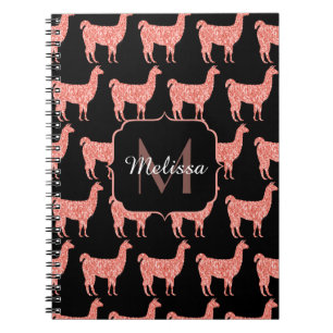 Llama pink coral glitter Sparkles pattern Monogram Notebook