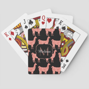 Llama pink coral glitter Sparkles pattern Monogram Playing Cards