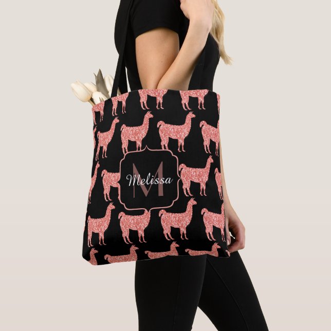 Llama pink coral glitter Sparkles pattern Monogram Tote Bag (Close Up)