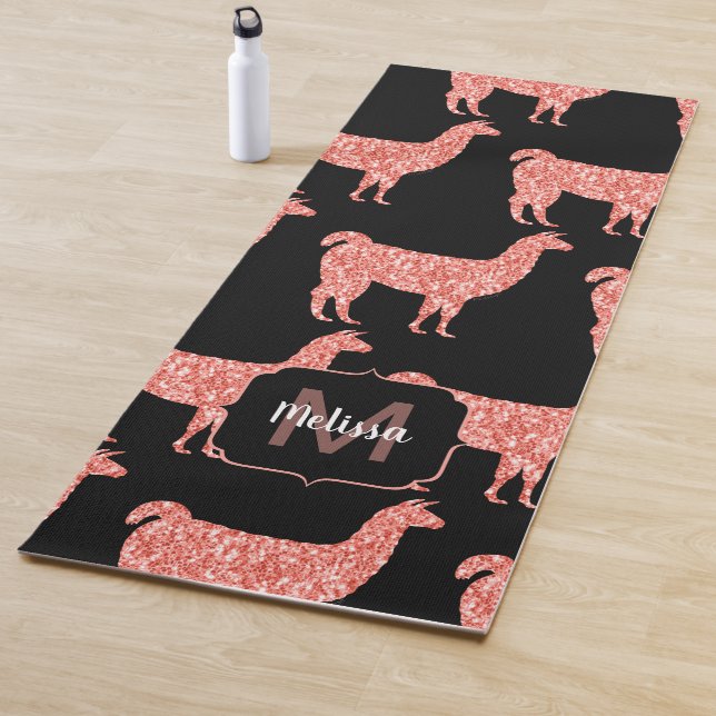 Llama pink coral glitter Sparkles pattern Monogram Yoga Mat (In Situ)
