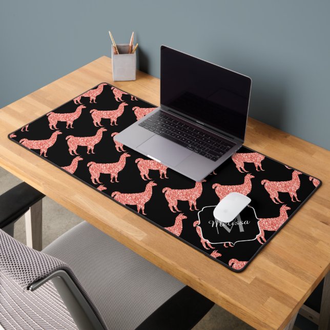 Llama pink coral Sparkles pattern Monogram black Desk Mat (Office 2)
