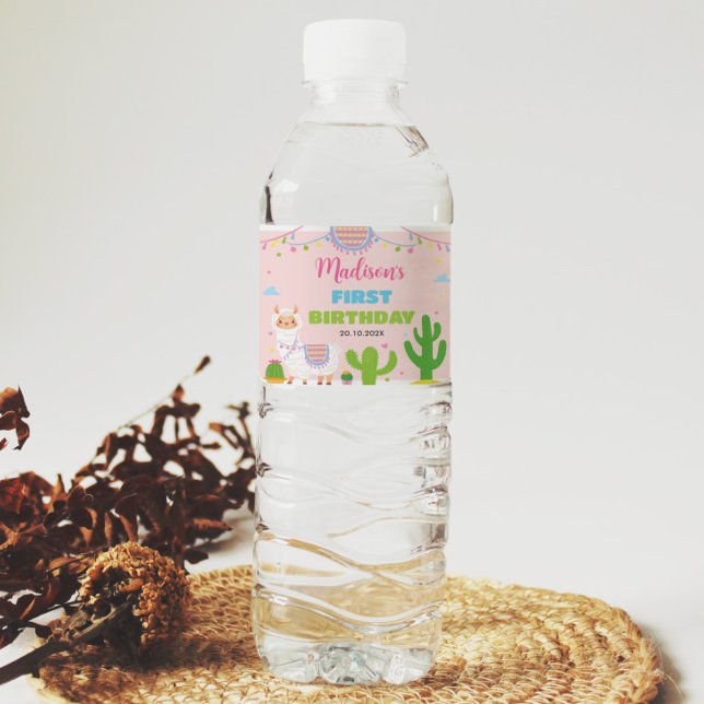 Llama Pink Girl Birthday Party Water Bottle Label (Creator Uploaded)
