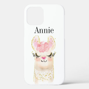 Llama Pink Watercolor Name iPhone 12 Case