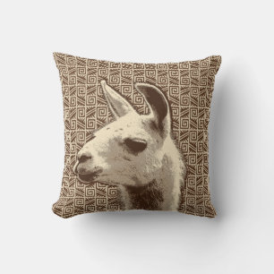 Llama Portrait on Aztec Pattern, Beige & Brown Throw Pillow