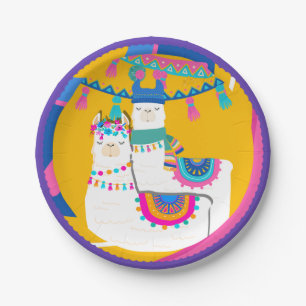 Llama Purple Blue Yellow Colourful Birthday Party Paper Plate
