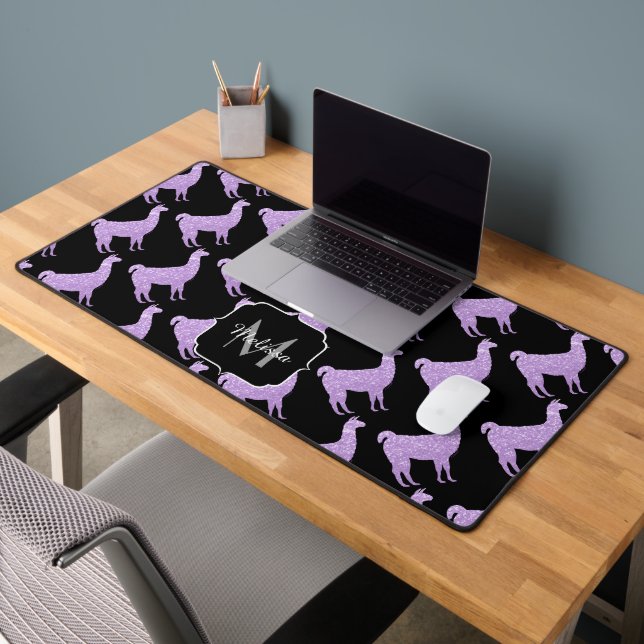 Llama Purple lavender Sparkles pattern Monogram Desk Mat (Office 2)