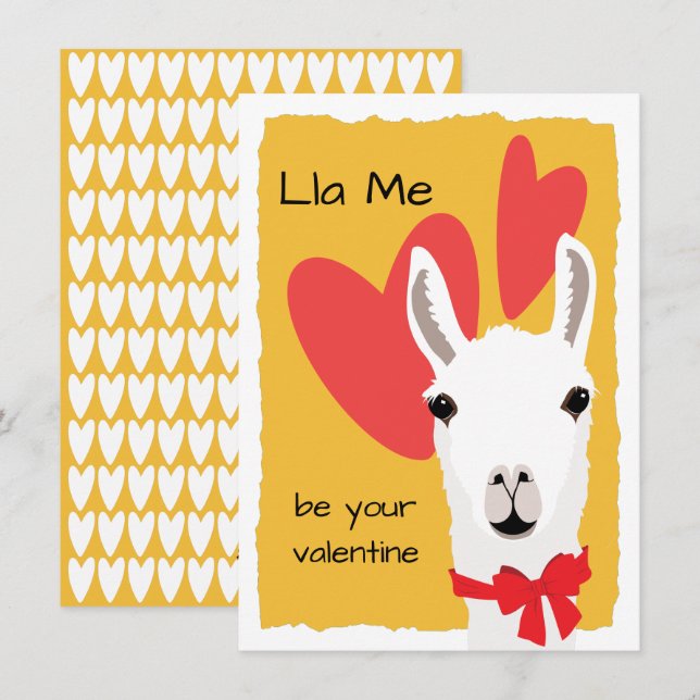 Llama Red Hearts Mustard-Lla Me be your valentine Holiday Card (Front/Back)