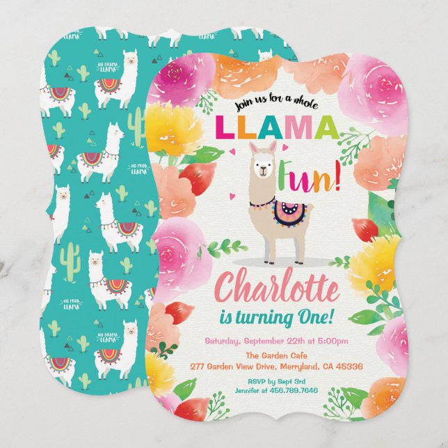 Llama s'amuse première invitation à 1er anniversai (Devant / Derrière)