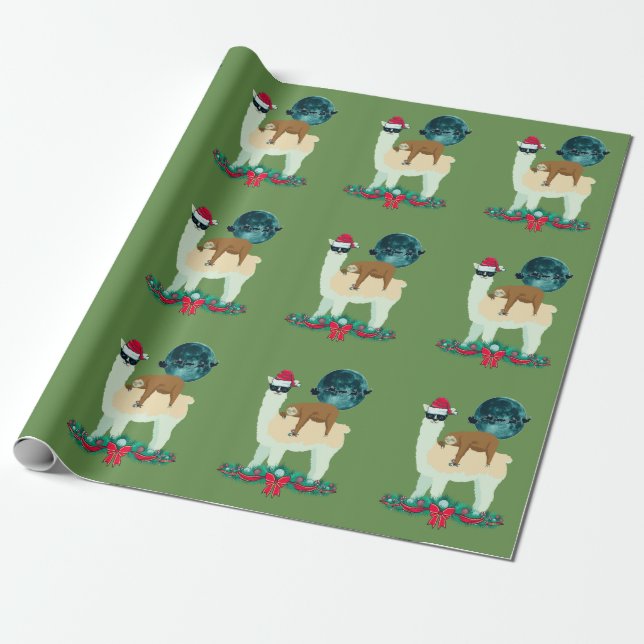 Llama Sloth Christmas Santa's Sleigh Silhouette Wrapping Paper (Unrolled)