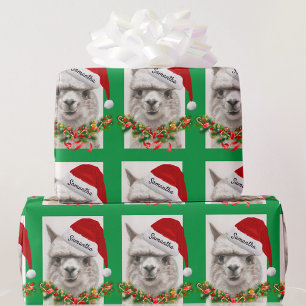 Llama Smiles Santa Hat Custom Name Christmas Wrapping Paper