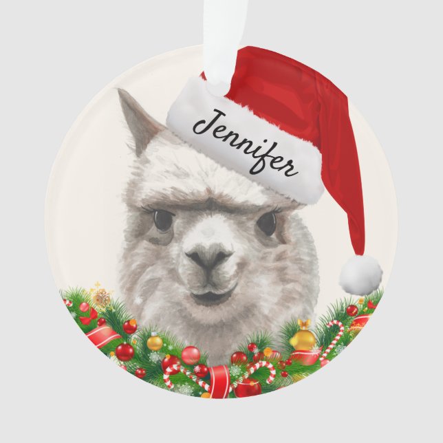 Llama Smiles Your Name & Year Alpaca Christmas Ornament (Front)