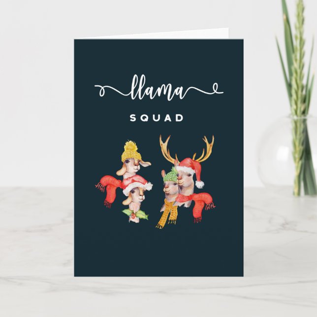 Llama Squad, Christmas Hats Watercolor Calligraphy Holiday Card (Front)