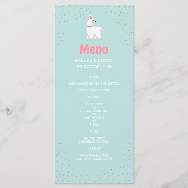 Llama themed party birthday menu (Front)