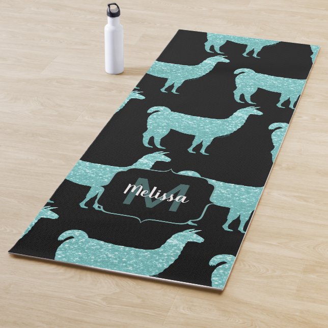 Llama Turquoise glitter Sparkles pattern Monogram Yoga Mat (In Situ)