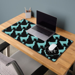 Llama turquoise Sparkles pattern Monogram Desk Mat