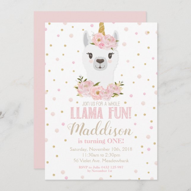Llama Unicorn Anniversaire Invitation Blush Floral (Devant / Derrière)