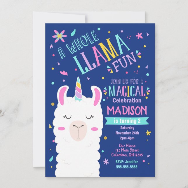 Llama Unicorn Birthday Invitation Magical Party (Front)