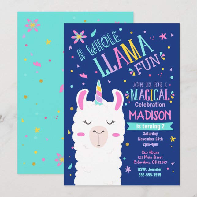 Llama Unicorn Birthday Invitation Magical Party (Front/Back)