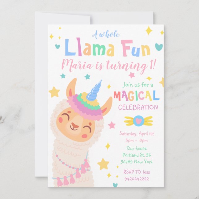 Llama Unicorn Birthday Invitation Magical Party (Front)